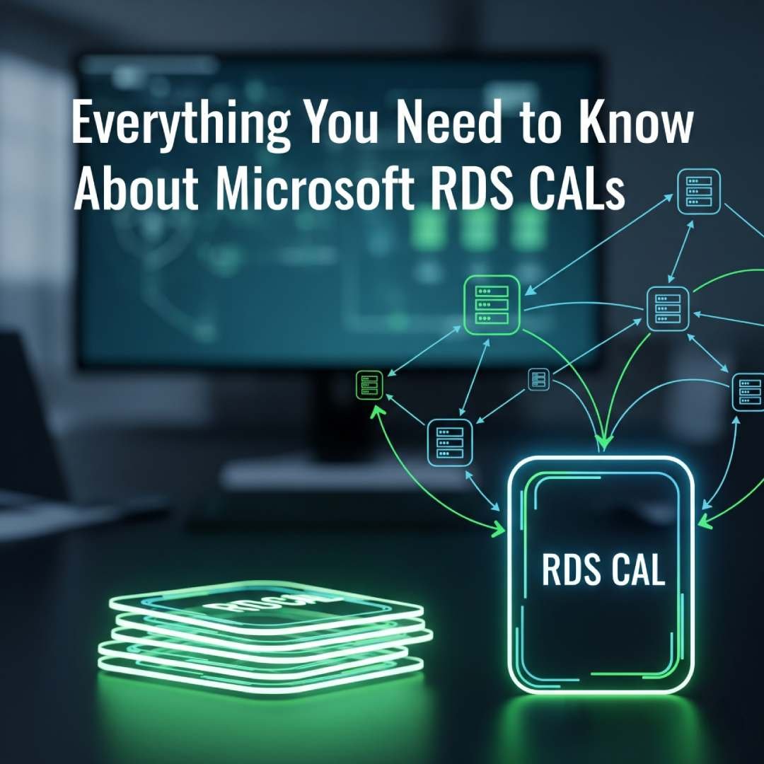 Illustration for “Everything You Need to Know About Microsoft RDS CALs,” showing remote desktop connections and Windows Server access